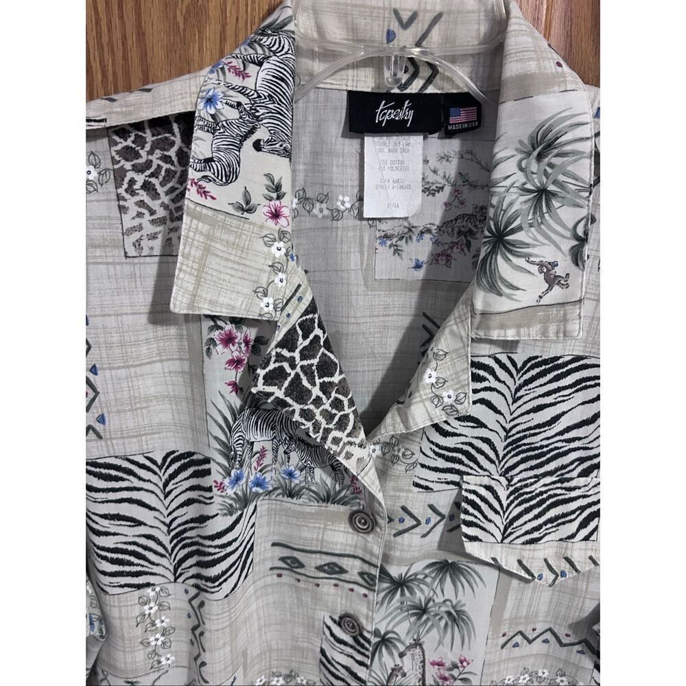 Tapestry VTG Safari Animal Print Women’s Short Sleeve Button Down Top Size 14/16 - Picture 2 of 11